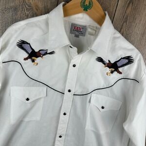 Ely Diamond Western Shirt Mens Large White Eagle Embroidered Pearl Snap LS